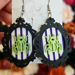 Beetlejuice beetle medallion Halloween theme large dangle silver women's earring